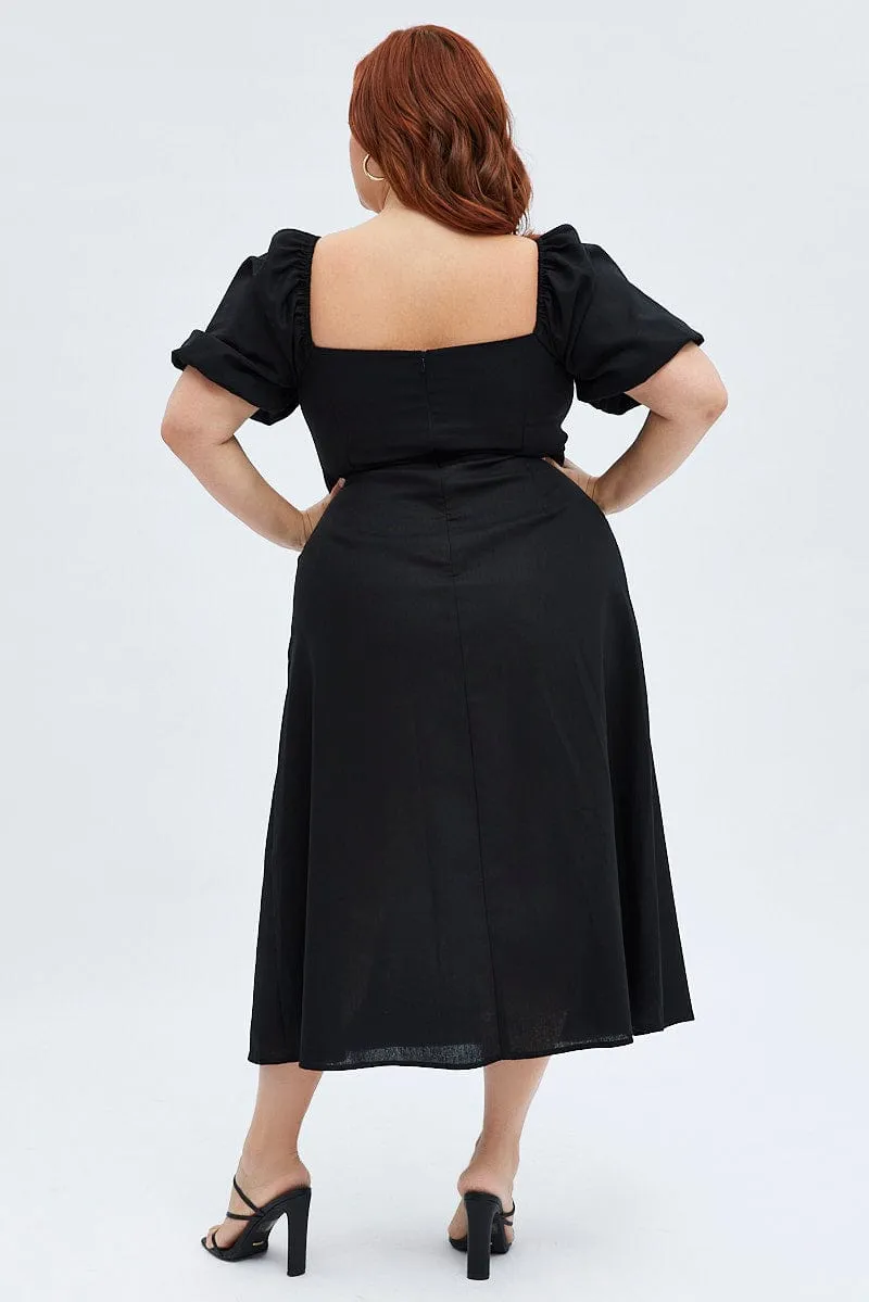 Black Midi Dress Fitted Drawstring Front Puff Sleeve Wardrobe Staple