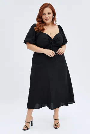 Black Midi Dress Fitted Drawstring Front Puff Sleeve Timeless silhouette
