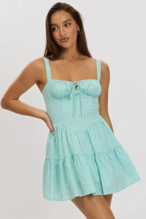 Green Stripe Fit And Flare Dress Mini Gathered Bust Spice Core Look Sharp