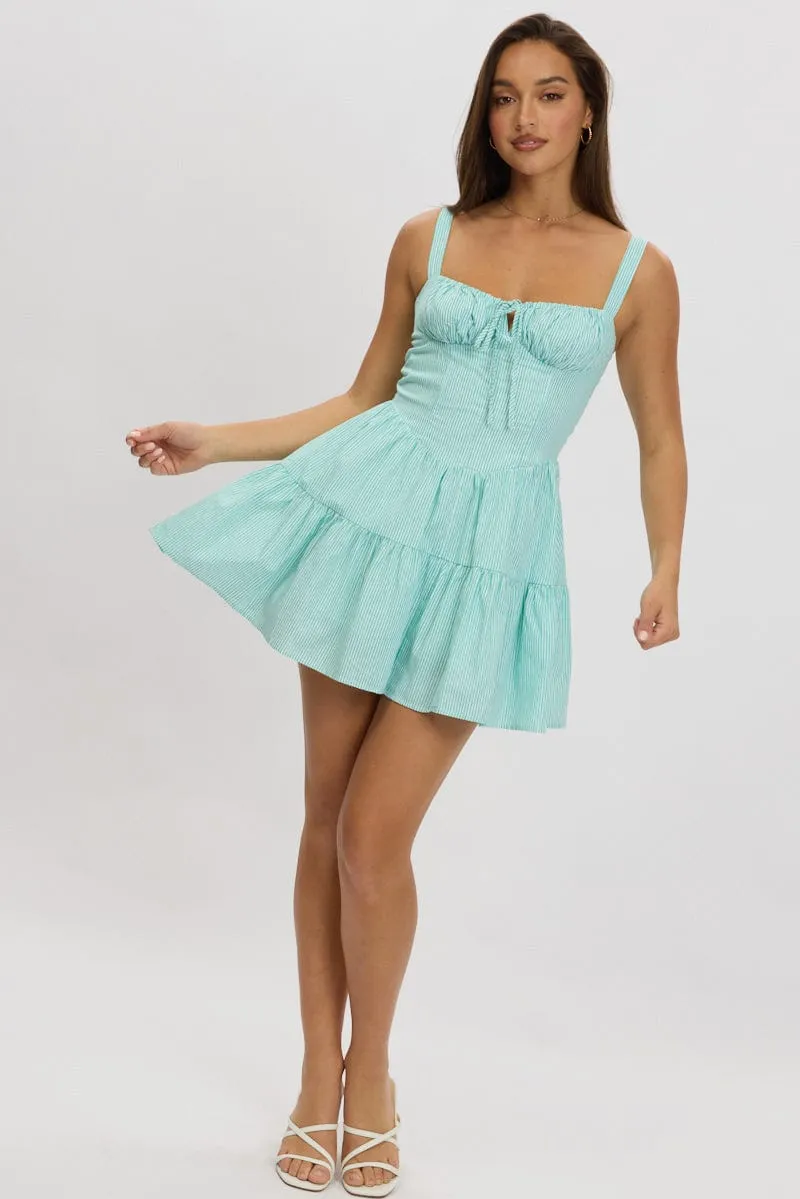 Green Stripe Fit And Flare Dress Mini Gathered Bust Stylish Daywear