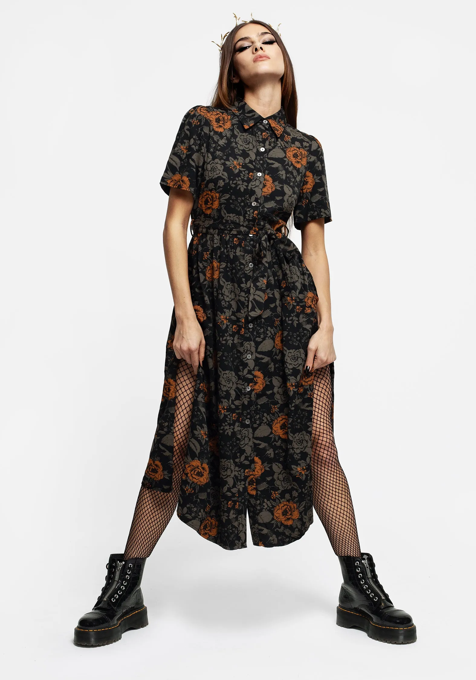 Summer Picnic Mortify Floral Print Midi Shirt Dress
