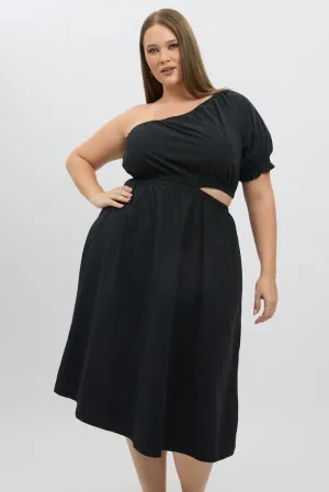 Black Cotton Poplin One Sleeve Dress Stylish springtime wear Relaxed Look