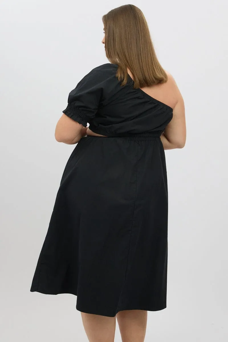 Black Cotton Poplin One Sleeve Dress Classic Style