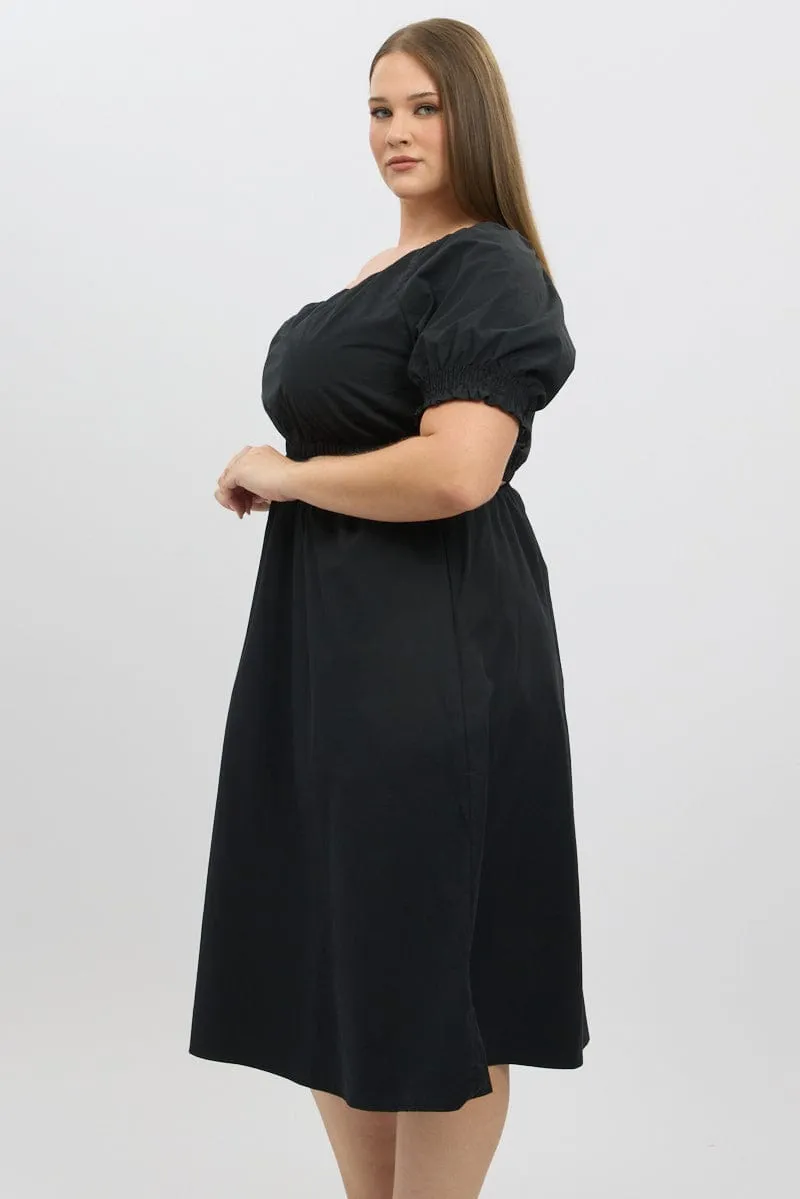 All-day wear midi Weather Chic Black Cotton Poplin One Sleeve Dress