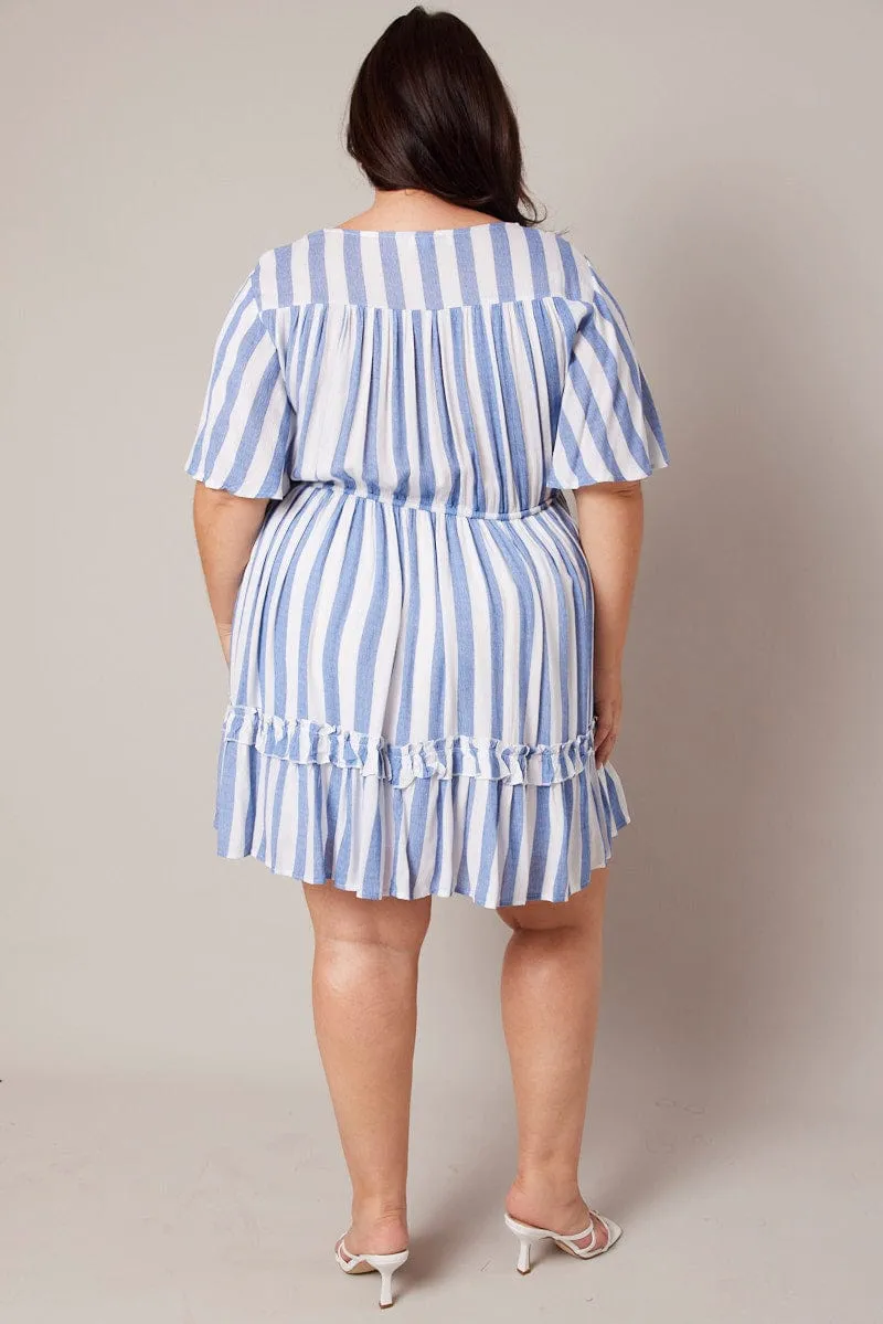 Blue Stripe Button Through Frill Mini Dress Skin Glow