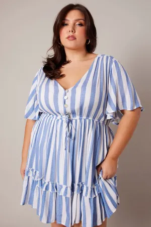 Blue Stripe Button Through Frill Mini Dress Star Beat Bohemian style