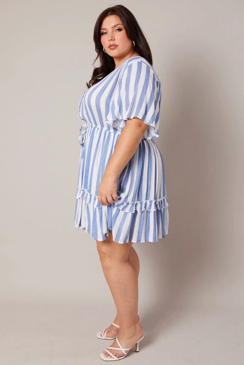 Blue Stripe Button Through Frill Mini Dress Soft touch finish Invisible Zipper Closure
