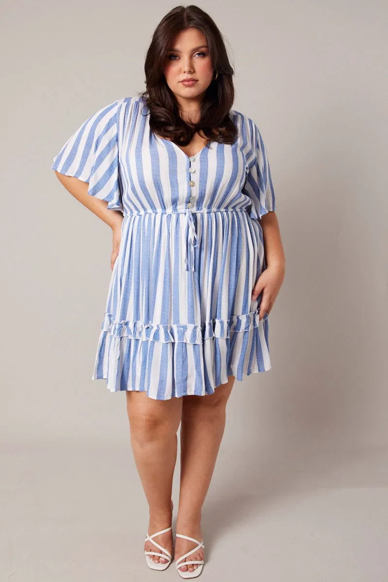 Blue Stripe Button Through Frill Mini Dress Edge Shine Fishtail Hem Finish