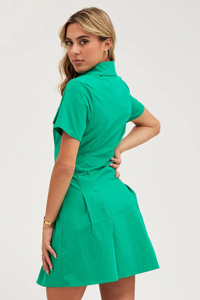 Crystal Soul Green Shirt Dress Short Sleeve Mini