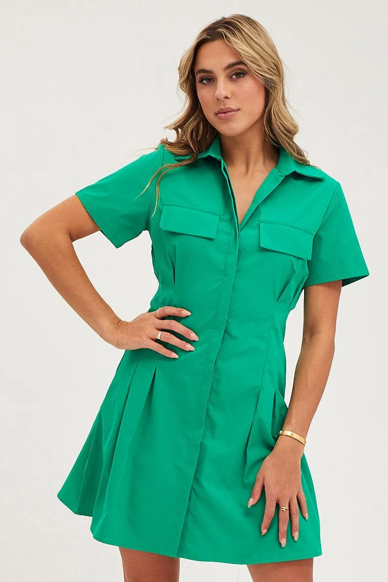 Green Shirt Dress Short Sleeve Mini Body Free