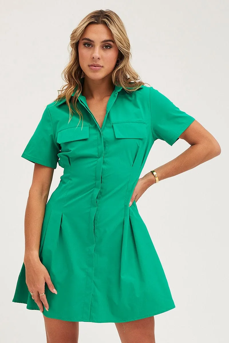 Relax Mode Green Shirt Dress Short Sleeve Mini
