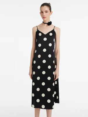 Sun Beam Acetate Polka Dots Print Spaghetti Strap Women Midi Dress With Rose Belt