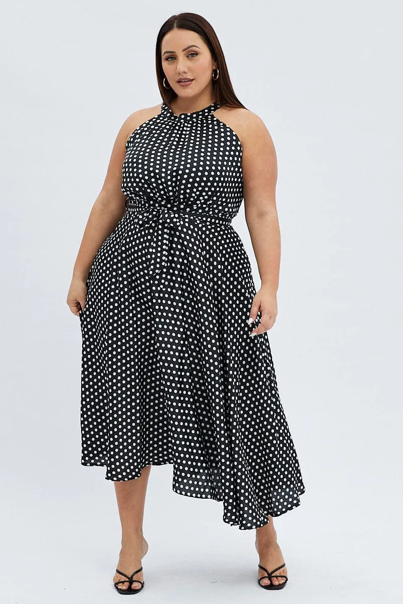 Black Polka Dot Midi Dress Sleeveless High Neck Satin Polished Look