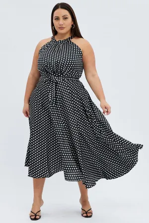 Cotton Soft Black Polka Dot Midi Dress Sleeveless High Neck Satin