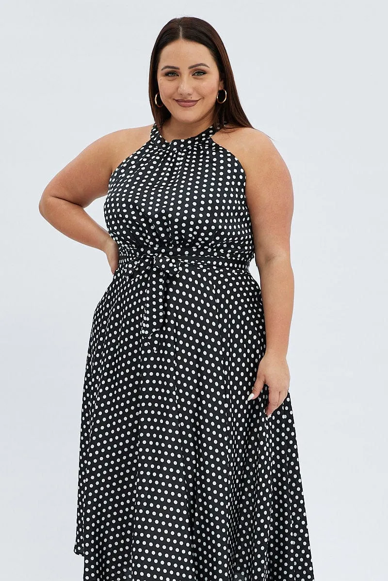 Black Polka Dot Midi Dress Sleeveless High Neck Satin old town