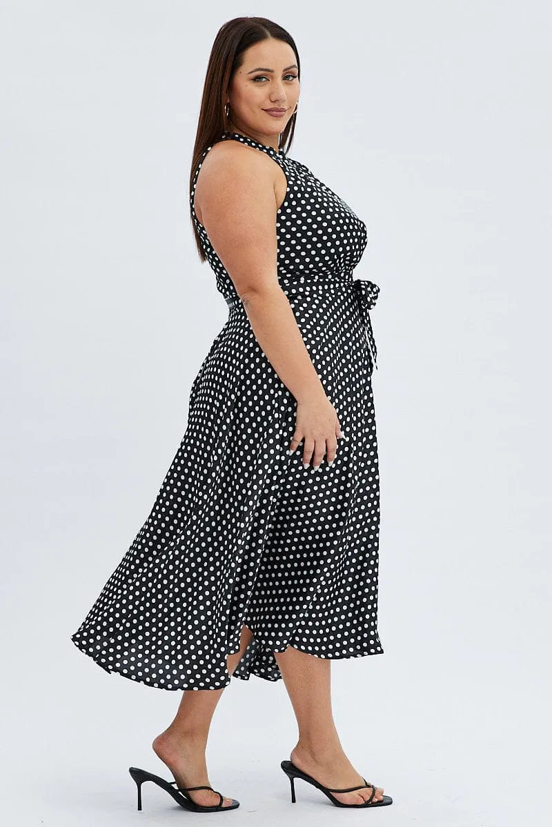 Black Polka Dot Midi Dress Sleeveless High Neck Satin Park Bench