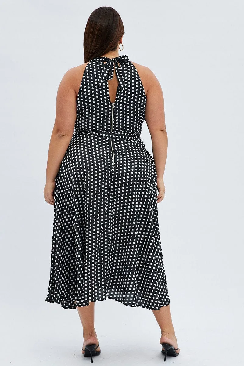 Easy Travel Black Polka Dot Midi Dress Sleeveless High Neck Satin