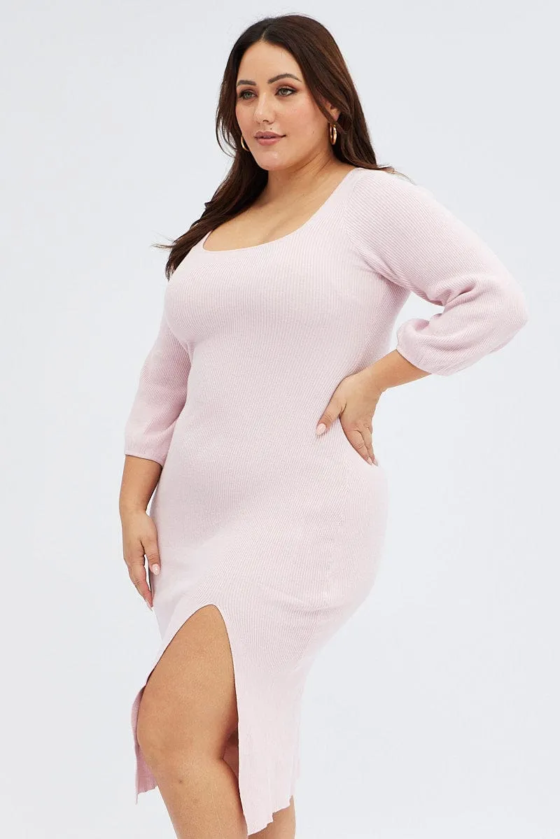 Sophisticated Touch Modern Feminine Pink Midi Dress Long Balloon Sleeve Sexy Split Knit
