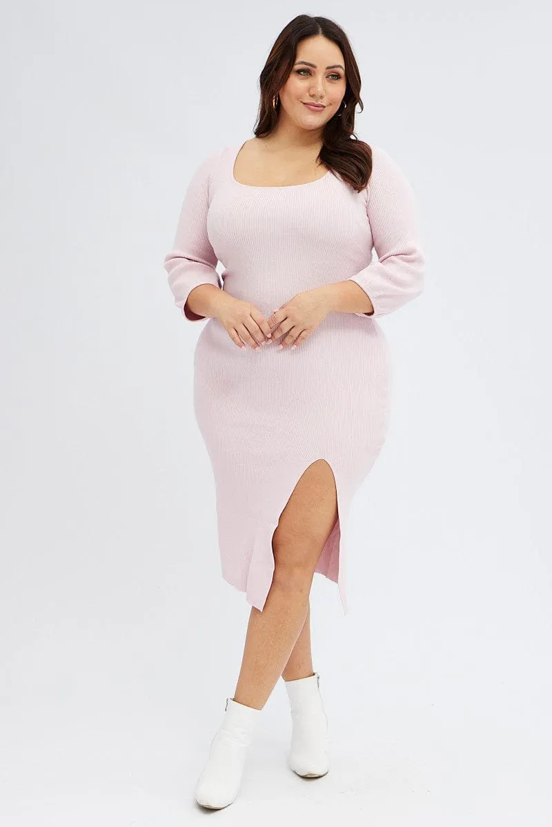 Wearable Art Film Night Pink Midi Dress Long Balloon Sleeve Sexy Split Knit