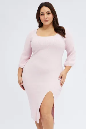 Vibrant Comfort Pink Midi Dress Long Balloon Sleeve Sexy Split Knit