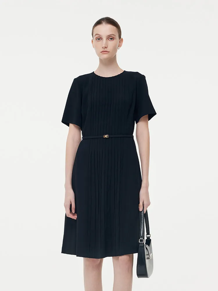 Brass Light Timelessly stylish midi Triacetate Pleat Front Women Midi Dress With Belt And Scrunchie