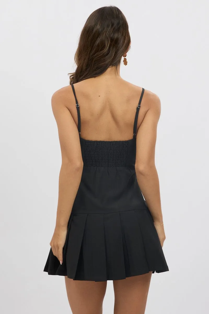 Layered Neckline Reversible Style Black Pleated Mini Dress