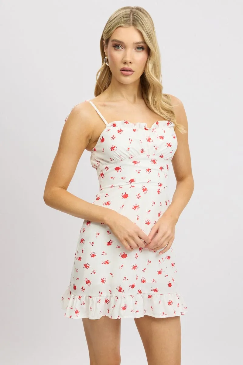 White Floral Mini Dress Frill Neck Boho Chic Look Bold Look