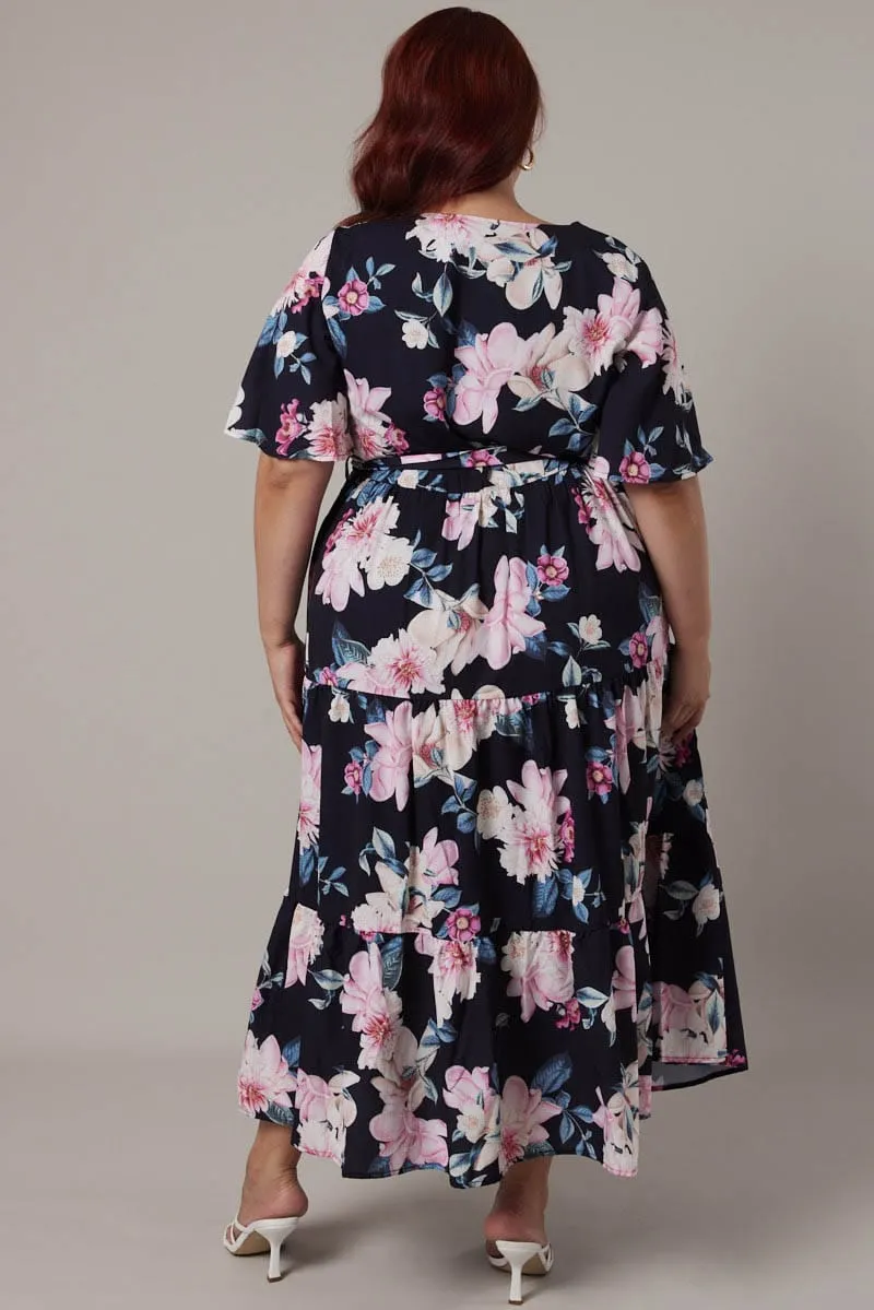 Black Floral Midi Dress Short Sleeve Wrap Front Tiered Stylish Essentials