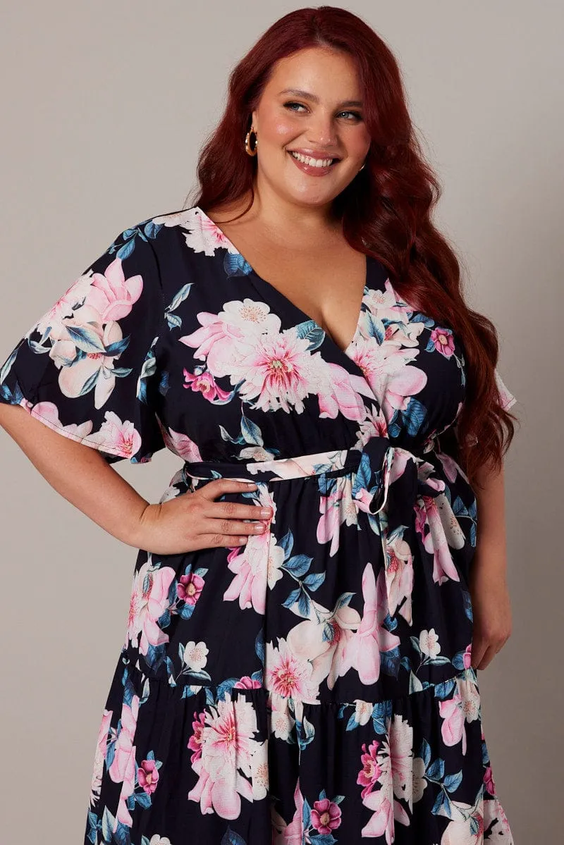 Opera Hall Black Floral Midi Dress Short Sleeve Wrap Front Tiered