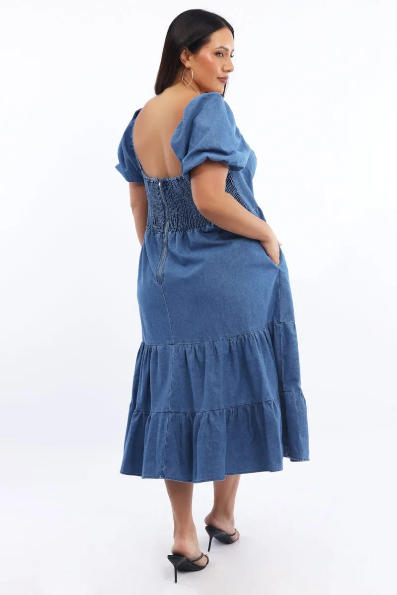 Feminine Charm Denim Midi Dress Short Sleeve Tiered