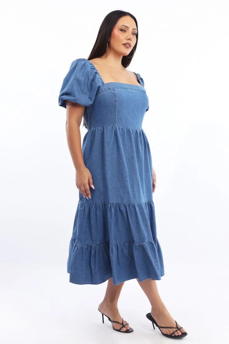 Comfortable casual midi Denim Midi Dress Short Sleeve Tiered