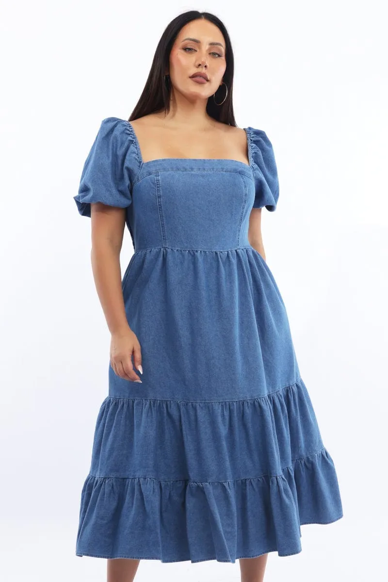 Ruby Shine Denim Midi Dress Short Sleeve Tiered