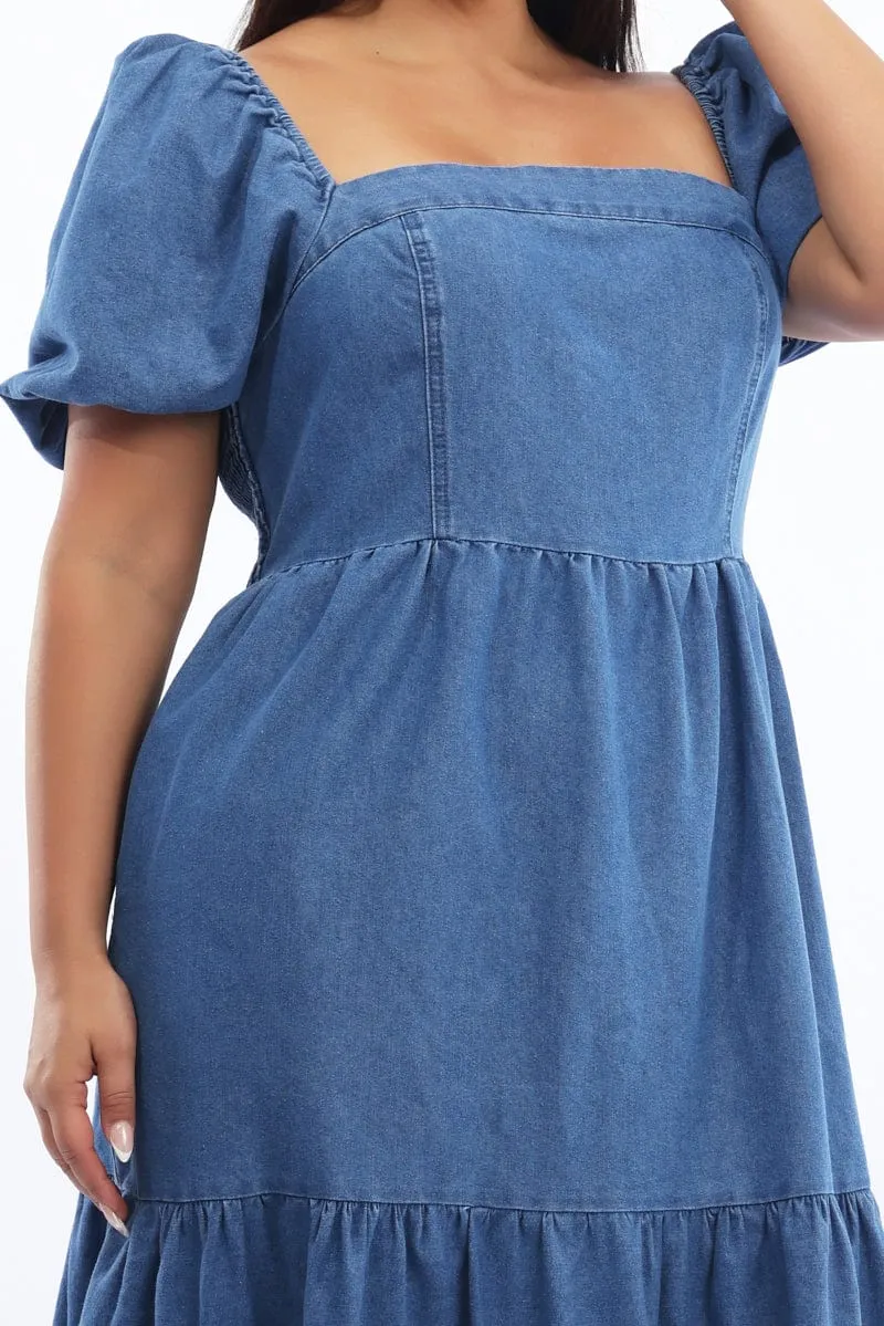 Smart Layer All-day wear midi Denim Midi Dress Short Sleeve Tiered
