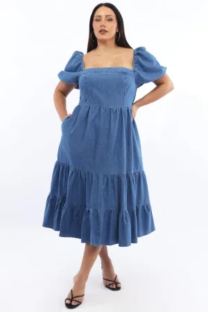 Denim Midi Dress Short Sleeve Tiered Leaf Fall