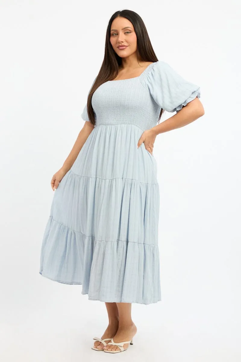 Blue Midi Dress Short Sleeve Shirred Sleek Comfort Light Dance