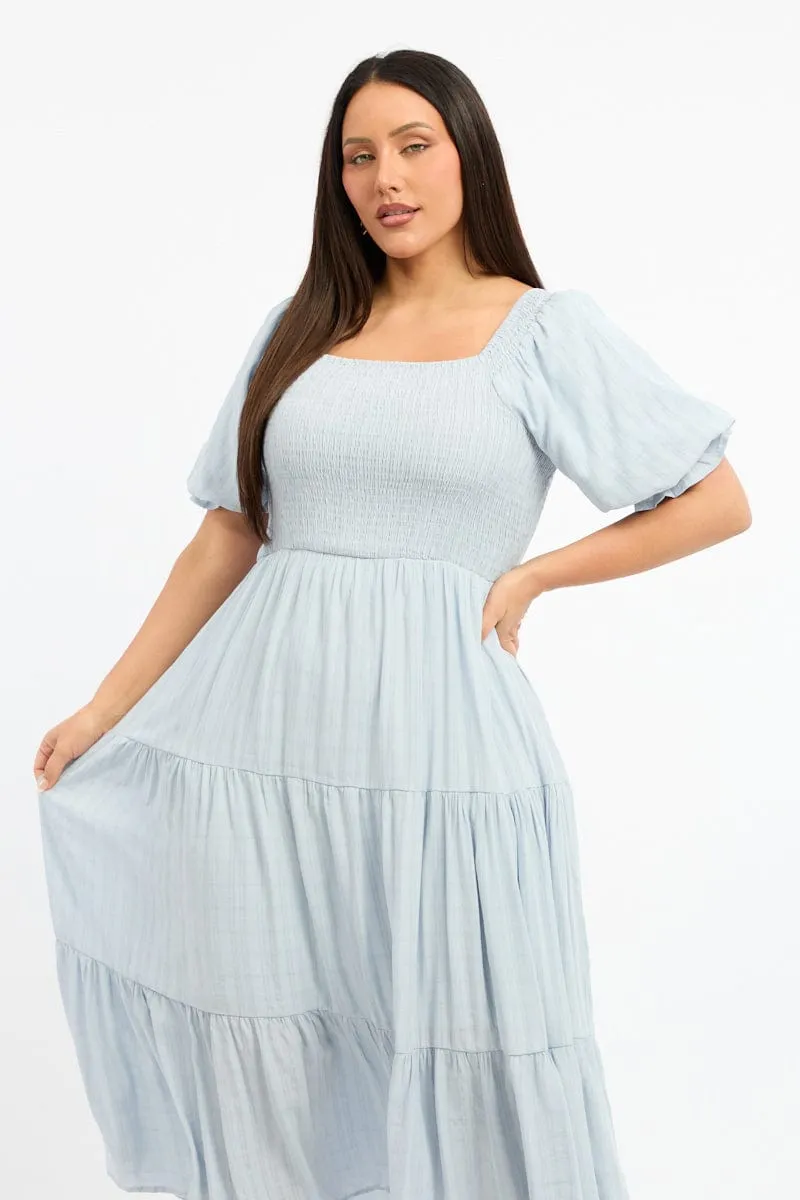 All Day Comfort Blue Midi Dress Short Sleeve Shirred