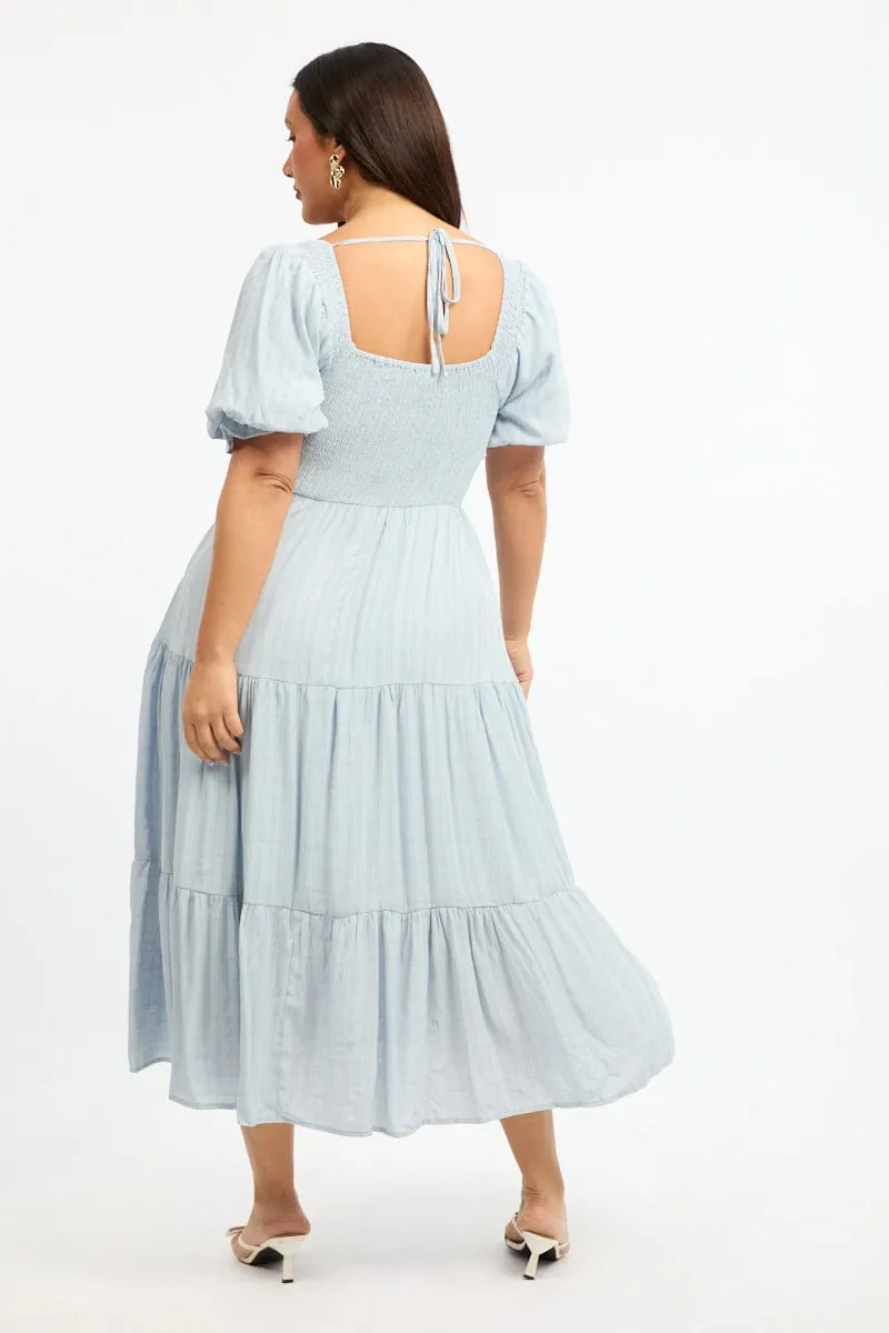 Easygoing Outfit Blue Midi Dress Short Sleeve Shirred