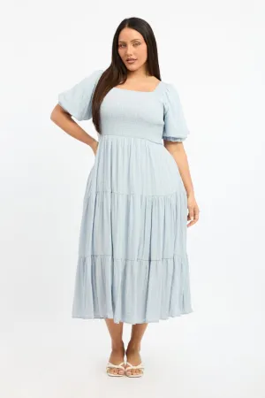 Elegant Option Blue Midi Dress Short Sleeve Shirred