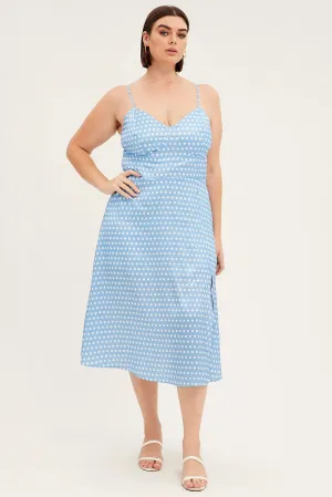 Effortless Wear Blue Polka Dot Midi Dress Strappy Front Split Satin
