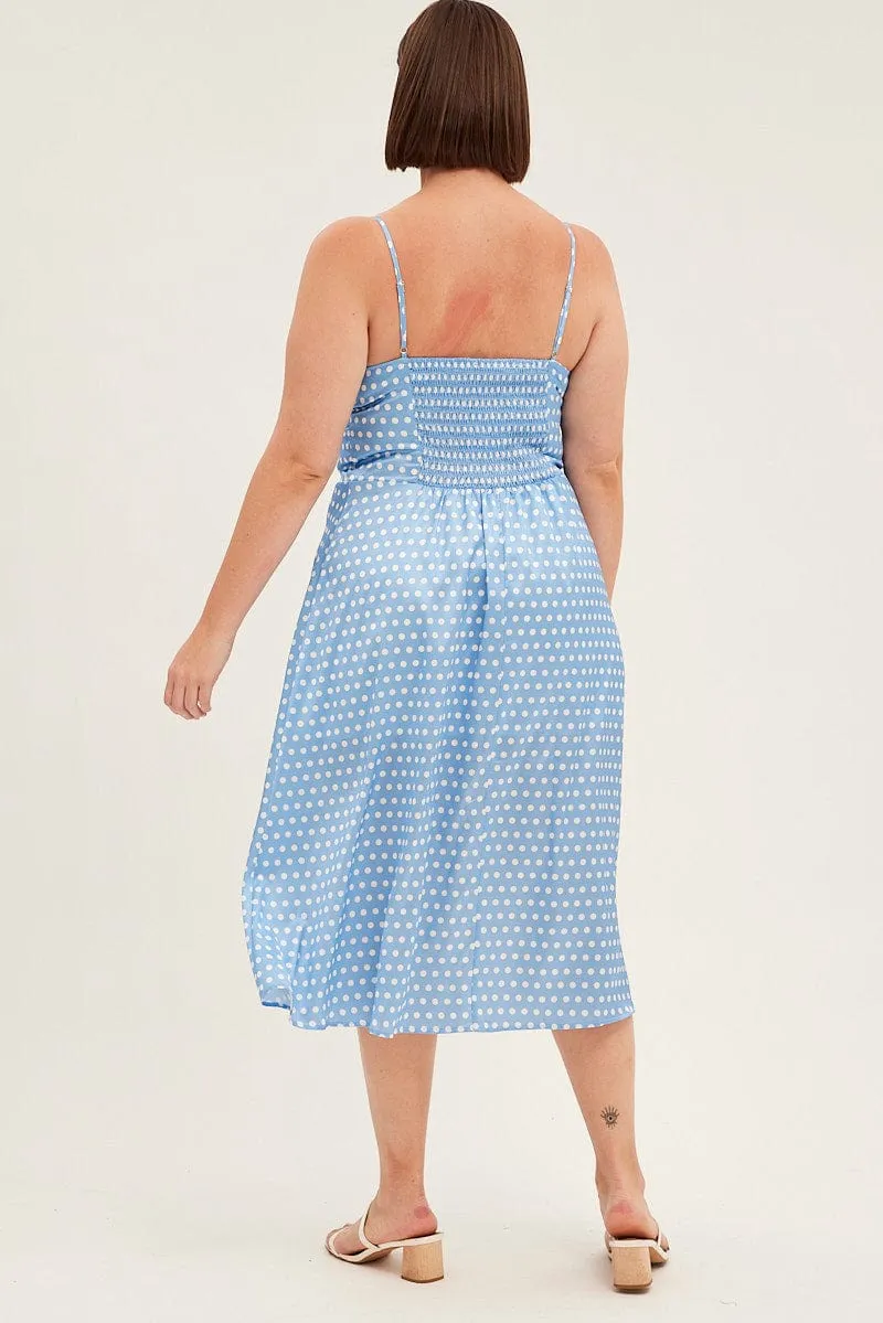 Comfortable formal midi Contemporary Look Blue Polka Dot Midi Dress Strappy Front Split Satin