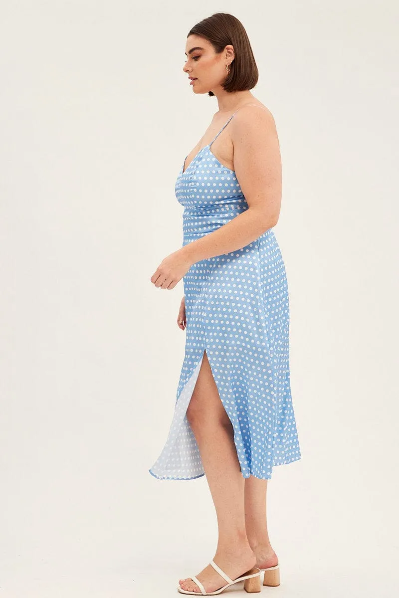 Timelessly stylish midi One Step Look Blue Polka Dot Midi Dress Strappy Front Split Satin