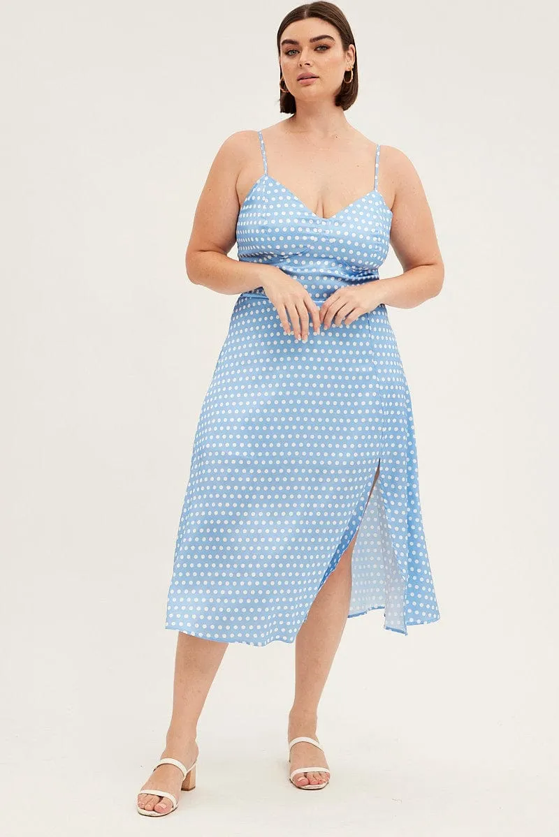 Blue Polka Dot Midi Dress Strappy Front Split Satin Desert Sky