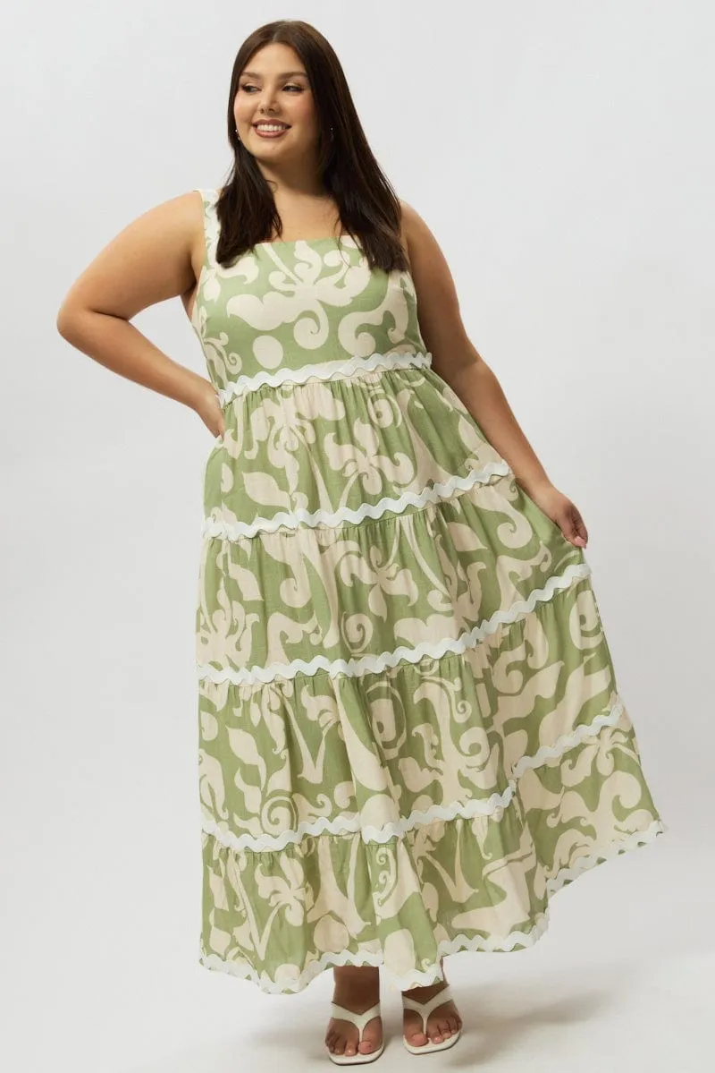Deep Shade Sleek Silhouette Green Abstract Midi Dress Sleeveless Ric Rac Tiered Linen Blend
