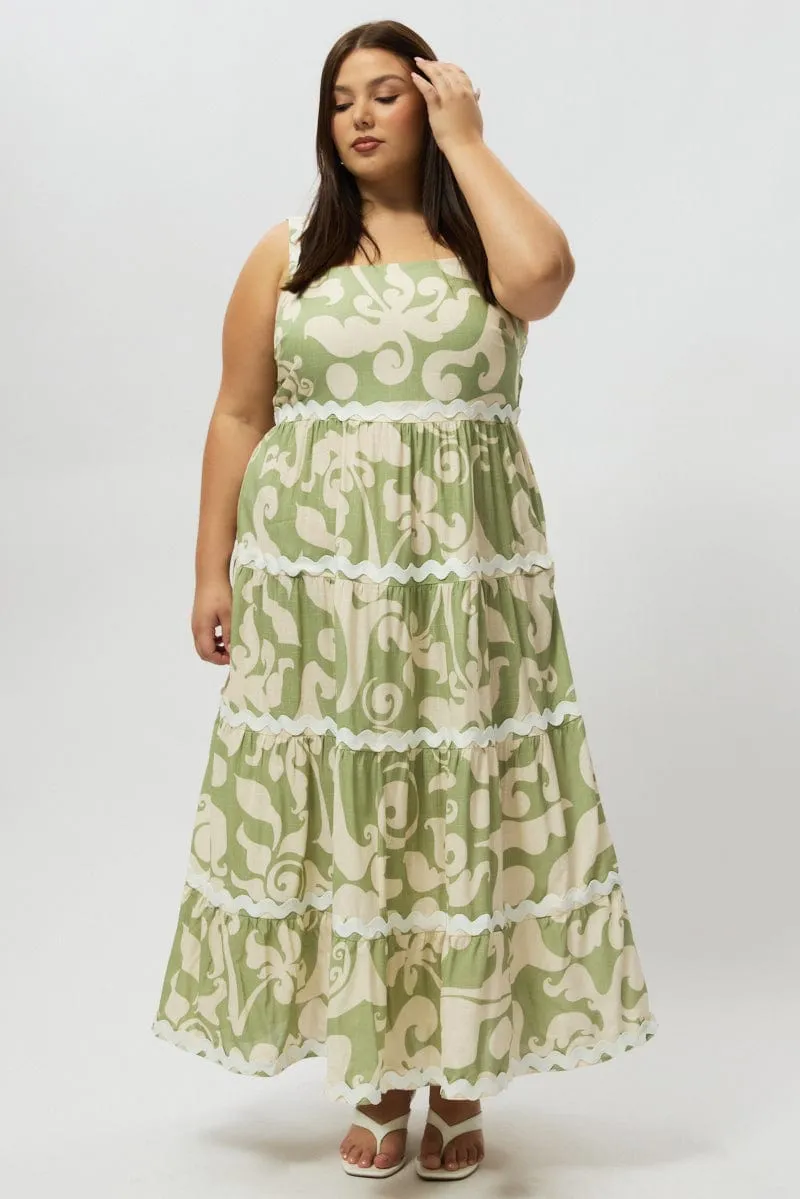 Green Abstract Midi Dress Sleeveless Ric Rac Tiered Linen Blend Trendy and Timeless