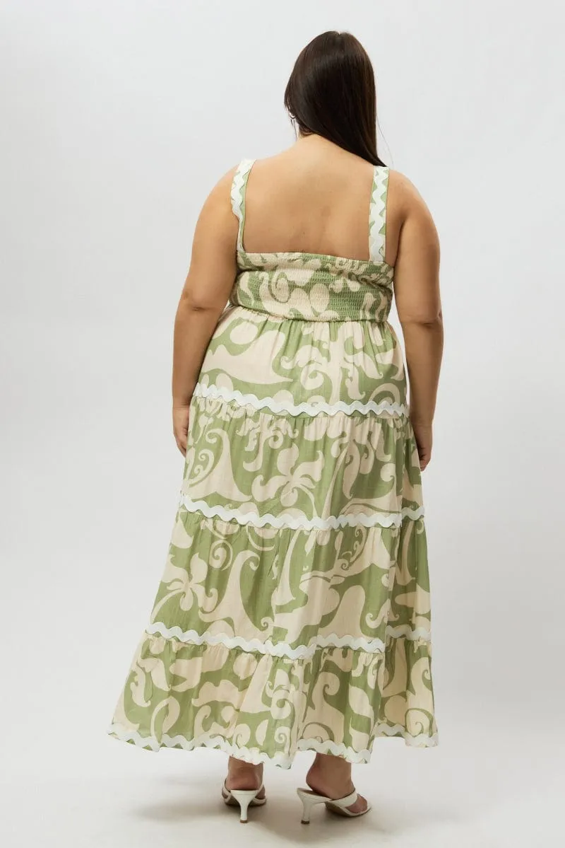 Green Abstract Midi Dress Sleeveless Ric Rac Tiered Linen Blend Comfy All Day Cherry Grove