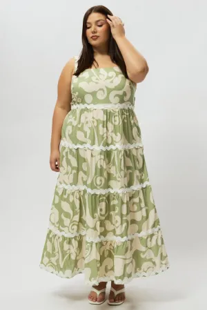 Green Abstract Midi Dress Sleeveless Ric Rac Tiered Linen Blend Trendy and Timeless