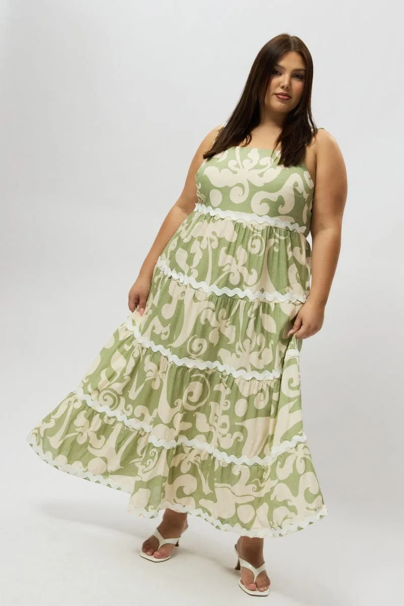 Green Abstract Midi Dress Sleeveless Ric Rac Tiered Linen Blend Elegant and timeless look