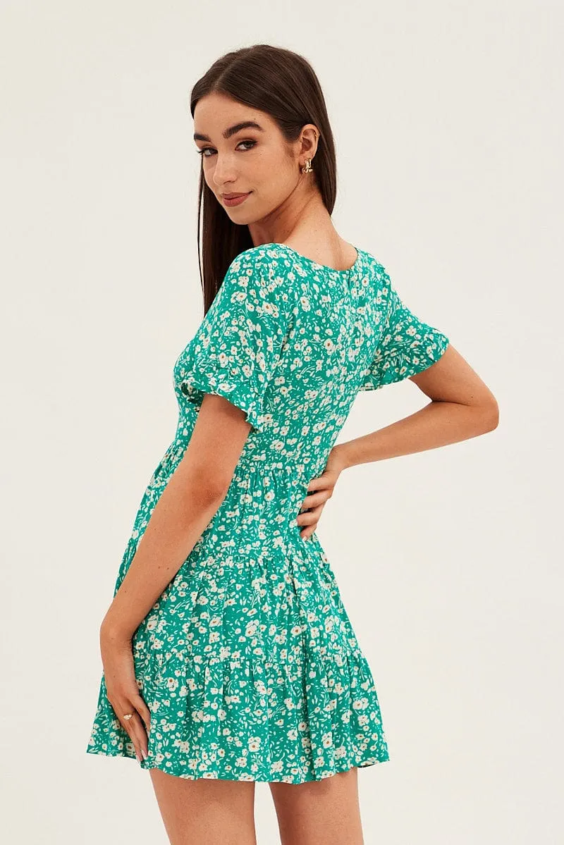 Simple yet chic mini Floral Print Sun Dress Mini Short Sleeve V Neck