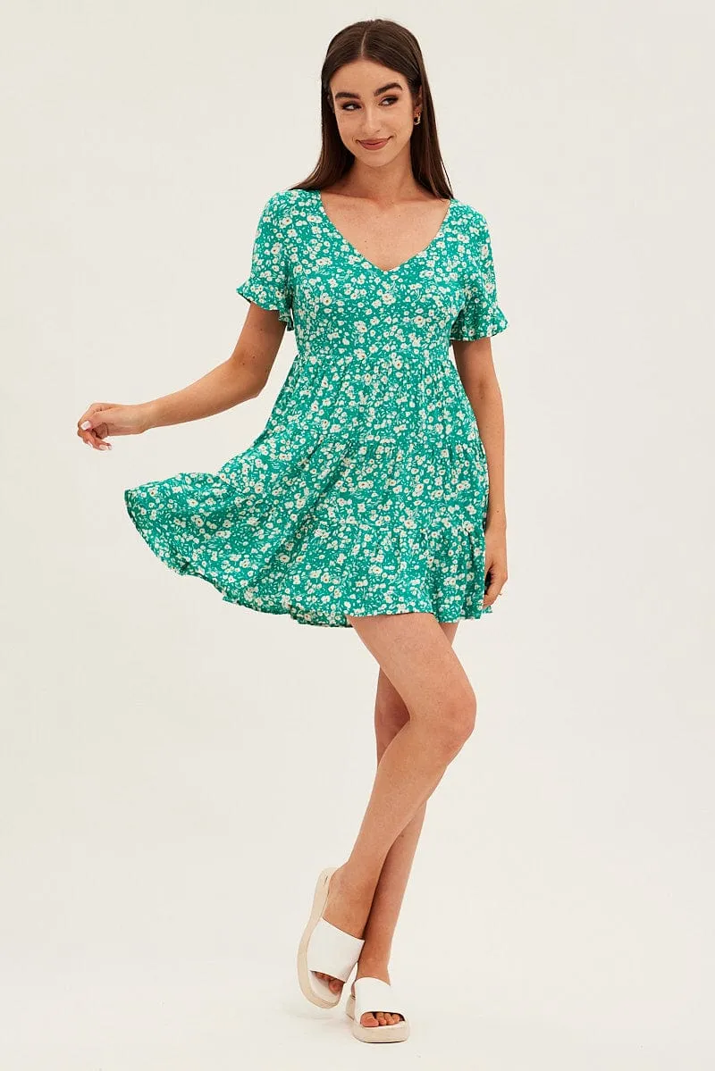Fashion Design Floral Print Sun Dress Mini Short Sleeve V Neck