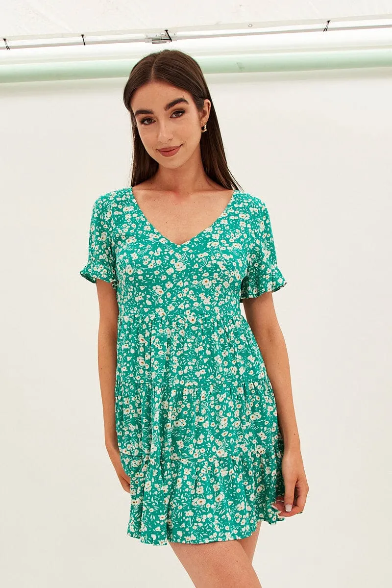City Mode Floral Print Sun Dress Mini Short Sleeve V Neck